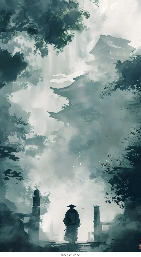 Samurai warrior walking in a misty forest towards a temple