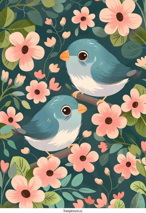 Two Blue Birds on a Branch in a Floral Setting