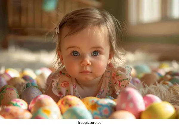 Adorable Baby Girl Lying on Easter Eggs