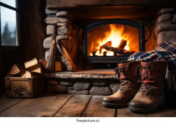 Cozy Fireplace Scene with Boots and Plaid Blanket