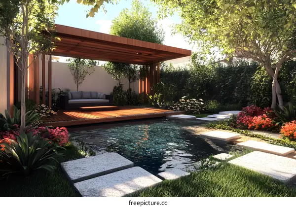 Modern Backyard Design with a Wooden Pergola and Small Pond