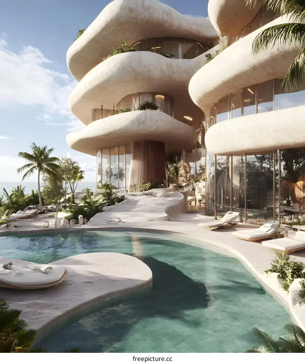 Modern Luxury Resort Building With Swimming Pool And Ocean View