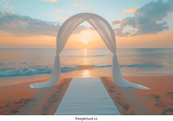 Beach wedding arch at sunset
