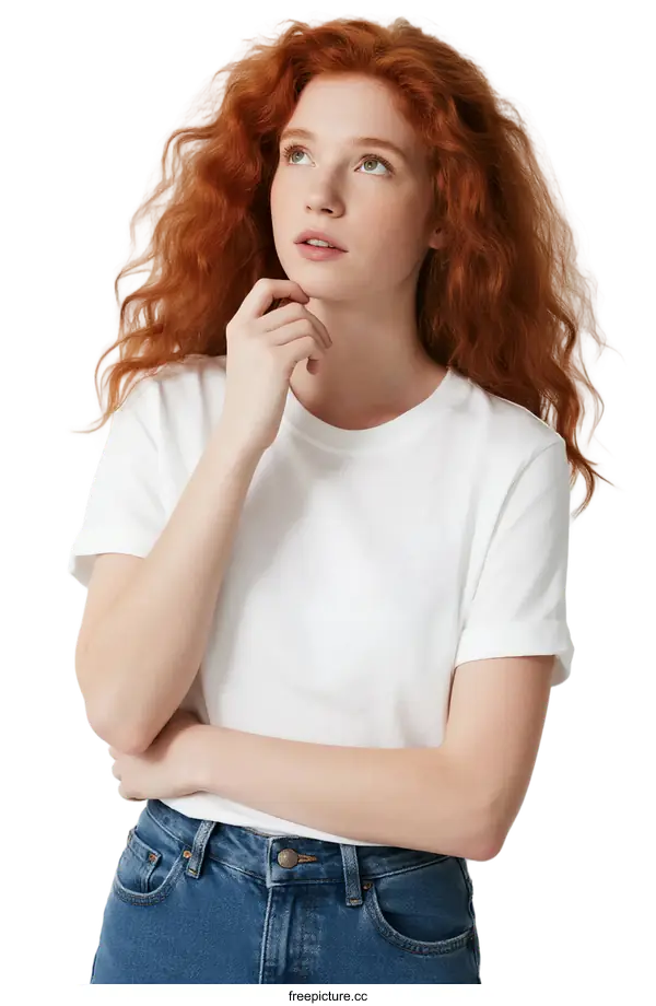 [Transparent Background PNG]Young woman with red curly hair wearing a white T-shirt and jeans