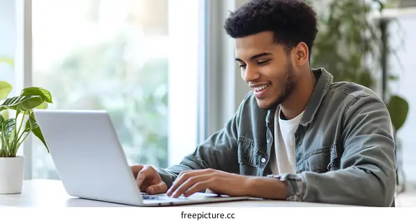 Smiling Man Working On Laptop In Office