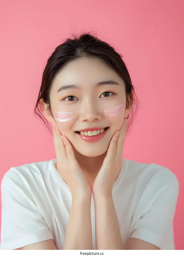 Smiling Asian Woman with Cream on Face