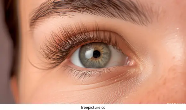 Close up of a woman's green eye with long false eyelashes