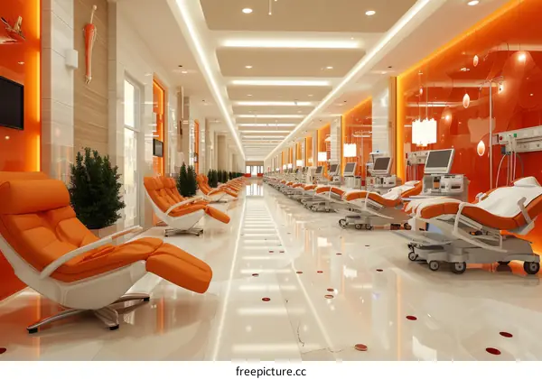 futuristic hospital interior with empty chairs and medical beds