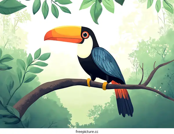 Toucan Bird Sitting On Branch In Green Forest