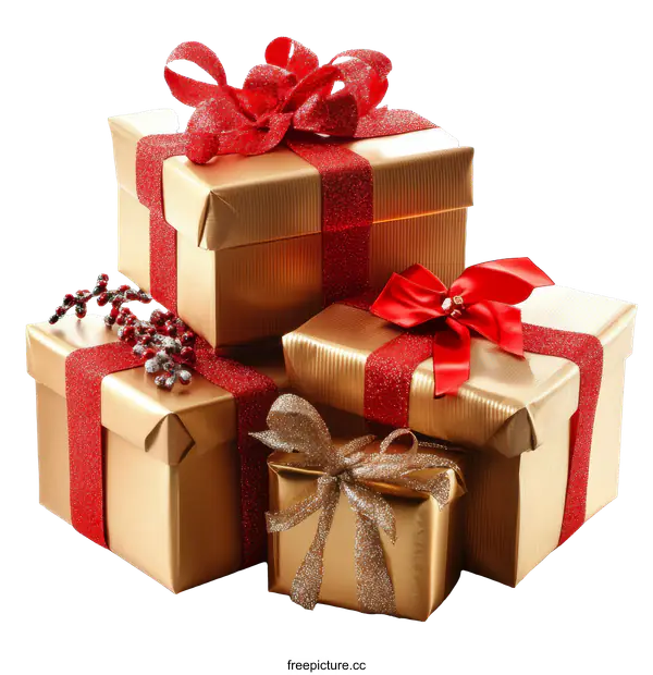 [Transparent Background PNG]Golden Gift Boxes with Red Ribbons