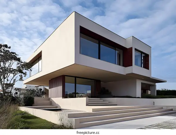 Modern Architecture House Exterior With Large Windows And Concrete Steps