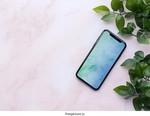Smartphone Mockup With Green Leaves on Marble Background