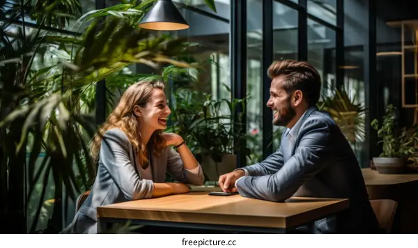 A couple is sitting at a table in a restaurant talking and laughing