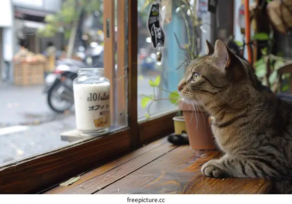 A ginger cat is sitting on a wooden table near the window