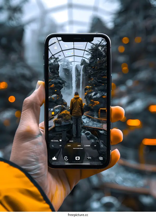 Man Taking Picture of Waterfall in Greenhouse