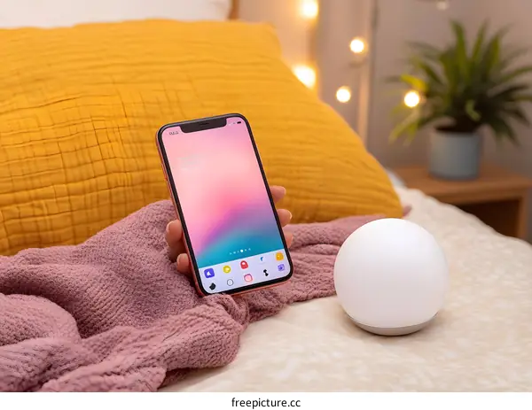 Smartphone and Smart Lamp on Bed with Cozy Blanket
