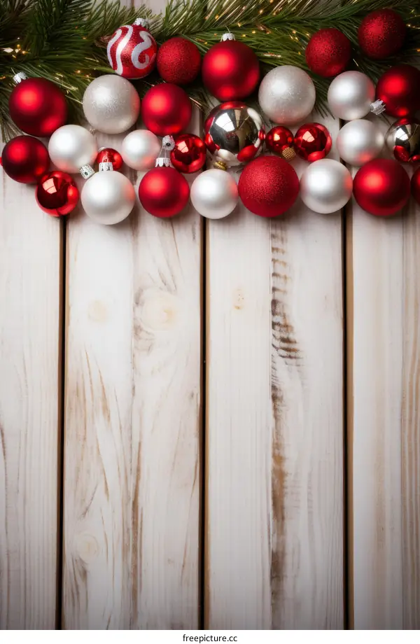 Red and White Christmas Ornaments on Whitewashed Wood