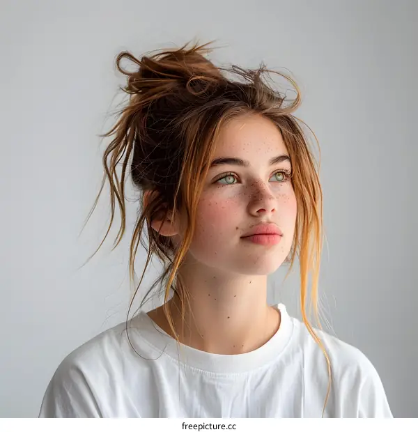 Teenage Girl with Freckles and a Messy Bun
