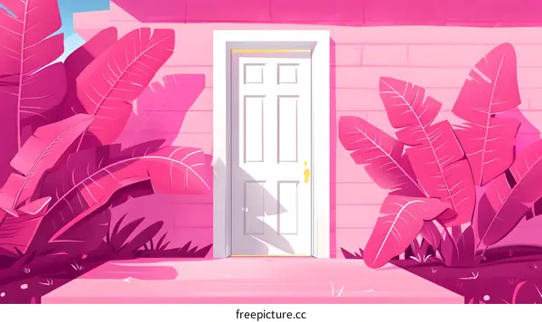 Pink House with White Door and Tropical Leaves