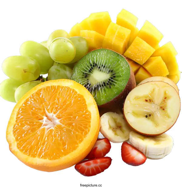 [Transparent Background PNG]Fresh Fruit Salad with Orange, Kiwi, Mango, Banana and Grapes
