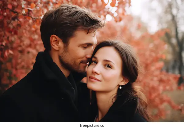 Couple Embrace in Autumn Park Romantic Moment