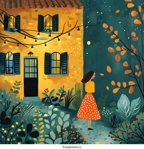 girl in red dress standing in front of a house at night