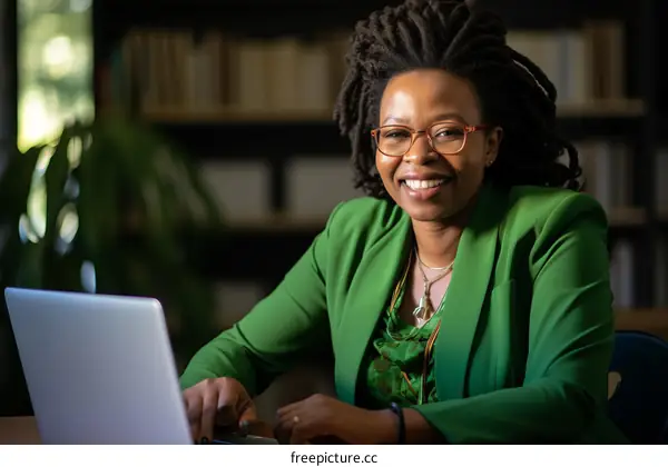 portrait of a smiling black woman in a green suit jacket sitting at a desk and using a laptop