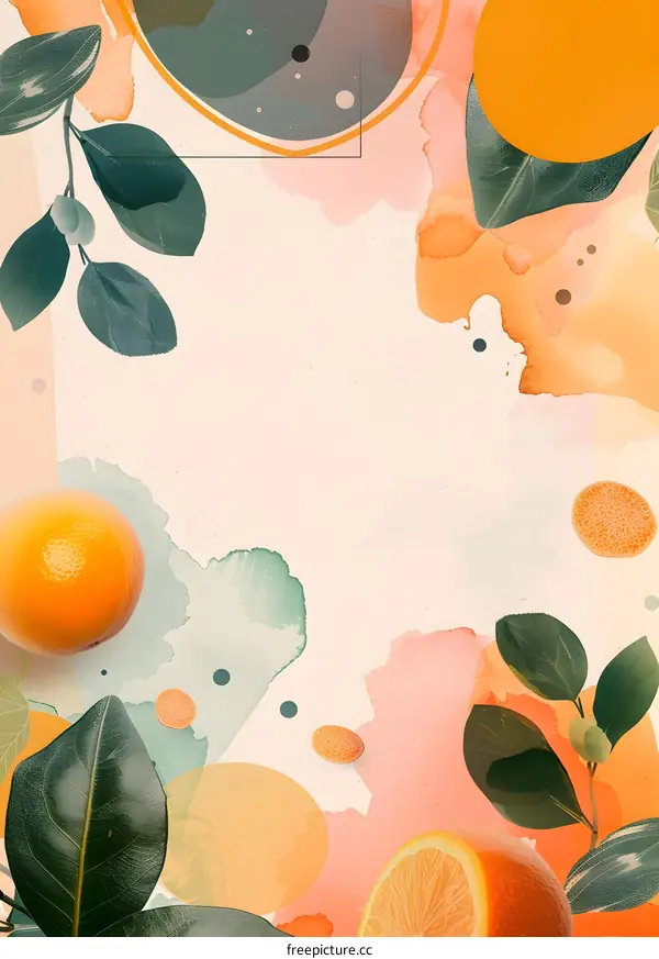 Abstract Watercolor Background with Oranges and Leaves