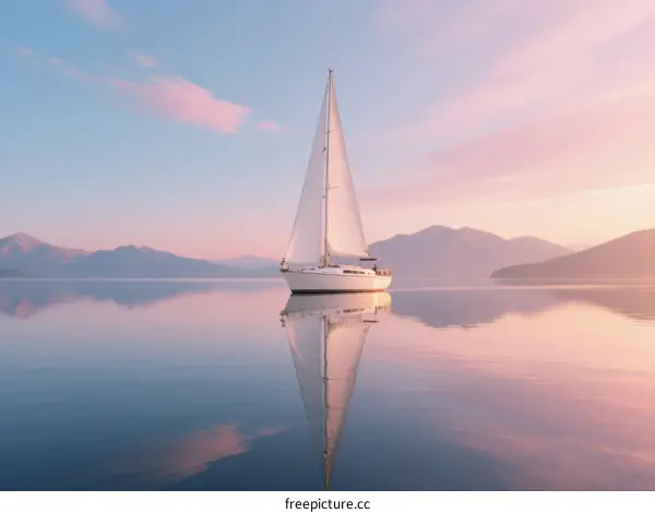 Sailboat Sailing Calm Water at Dawn with Beautiful Sky