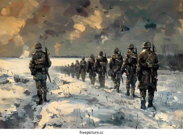 A group of soldiers walking through the snow during World War II