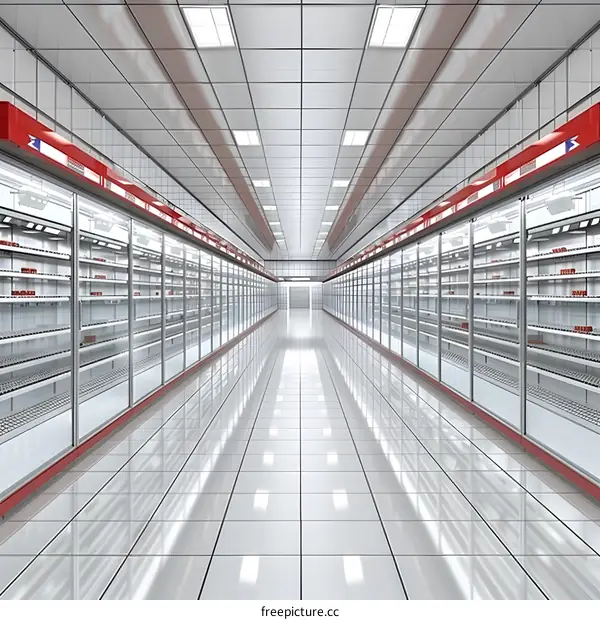 Empty Supermarket Aisle With Refrigerated Shelving