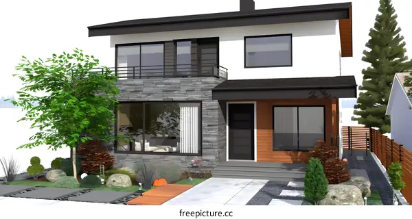 Modern Two Story House with Stone and Wood Exterior