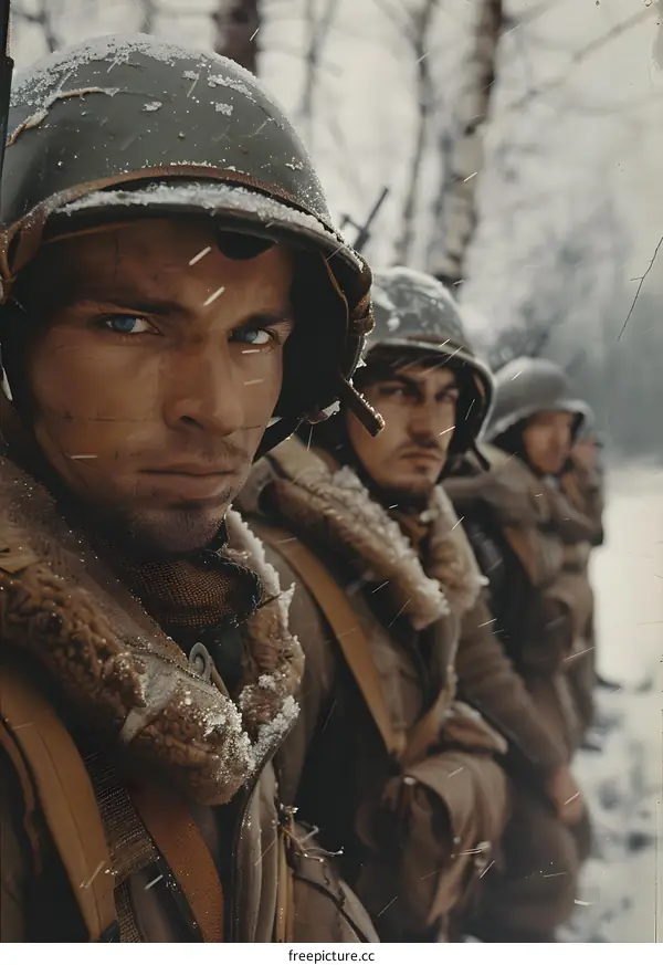 American soldiers in the snow during the Battle of the Bulge, 1944.