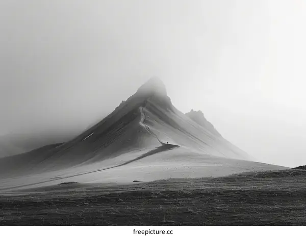 Black and white photo of a person walking on a mountain ridge
