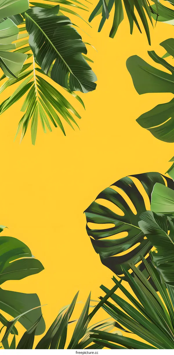 Tropical Leaves on Yellow Background