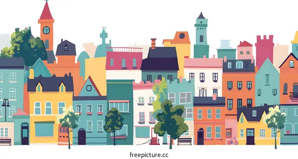 Colorful Town Illustration with Houses and Trees