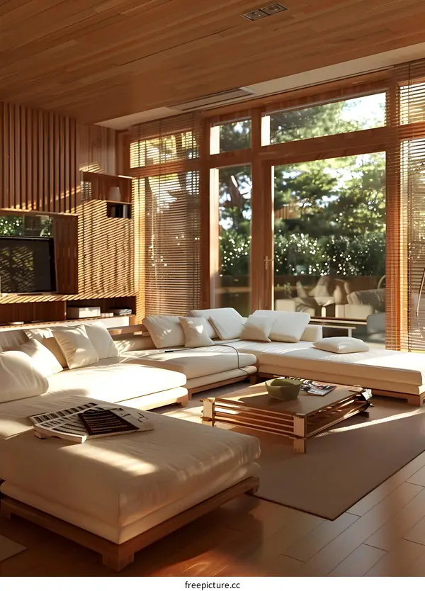 Modern Living Room Interior Design with Wooden Accents and Large Windows