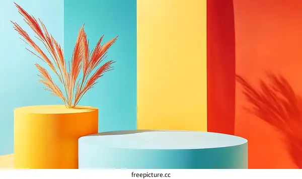 Abstract Minimalist Still Life with Yellow and Blue Cylinders and Dried Grass