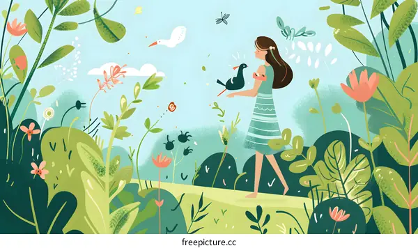 Woman Walking Through Green Forest With Birds