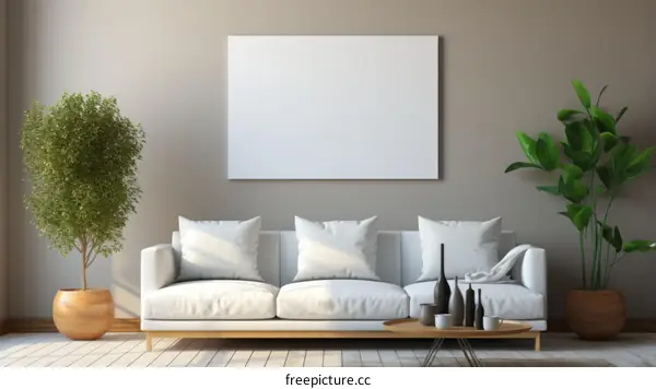 Modern Living Room with White Sofa and Potted Plant