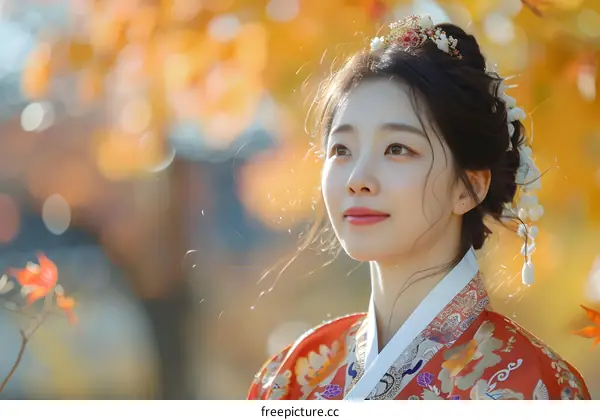 Korean Woman in Hanbok During Autumn