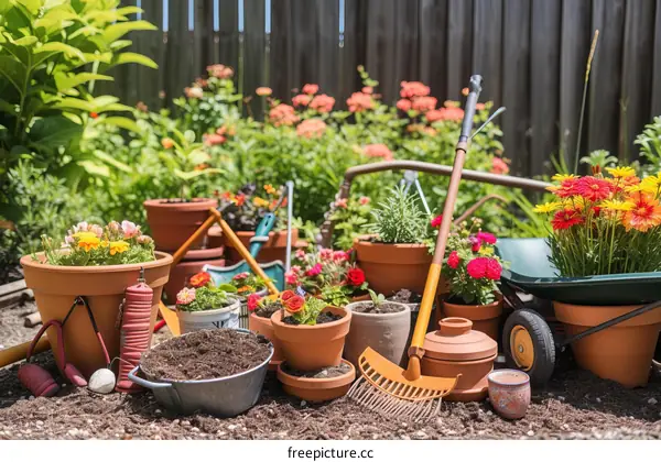 Colorful Garden with Flowers and Tools
