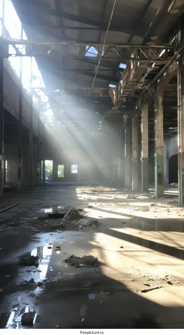 An abandoned factory building with sunlight shining through the broken roof