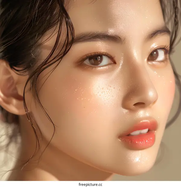 Close-up portrait of a young Asian woman with wet hair and dewy skin