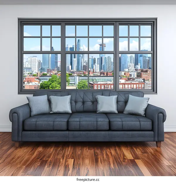 Living Room With Large Window Overlooking City Skyline