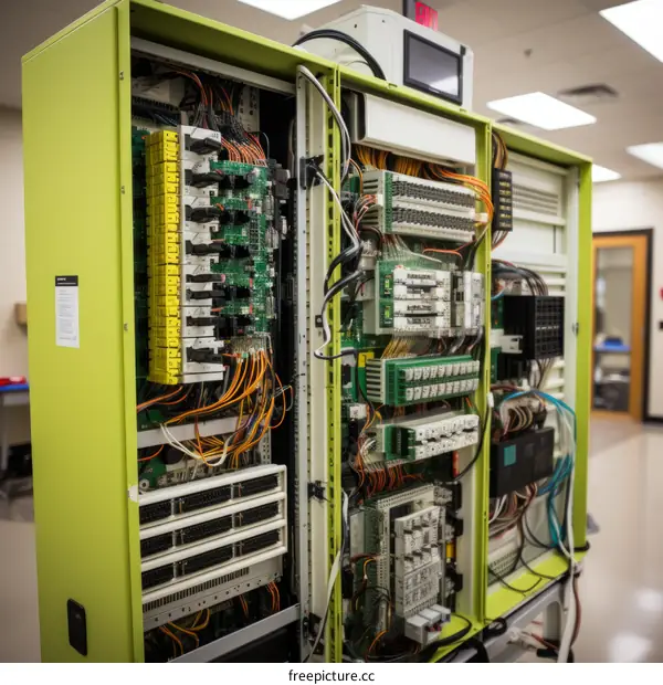 Green open electrical cabinet with wires