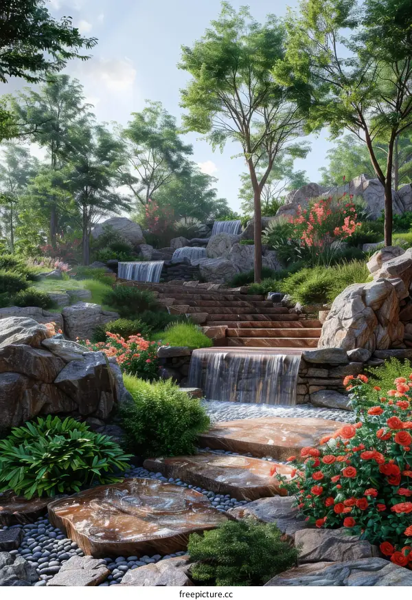 Serene Waterfall in a Lush Rock Garden