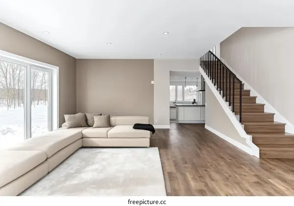 Modern Beige Living Room with Wooden Stairs