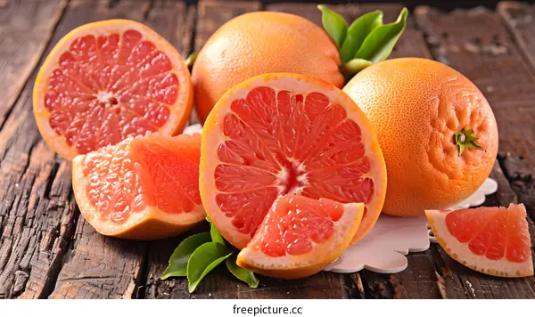 Fresh Red Grapefruit Slices on Wooden Table