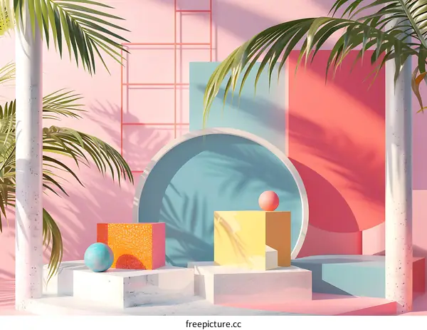 Minimalist Geometric Shapes Palm Leaves Pink Background